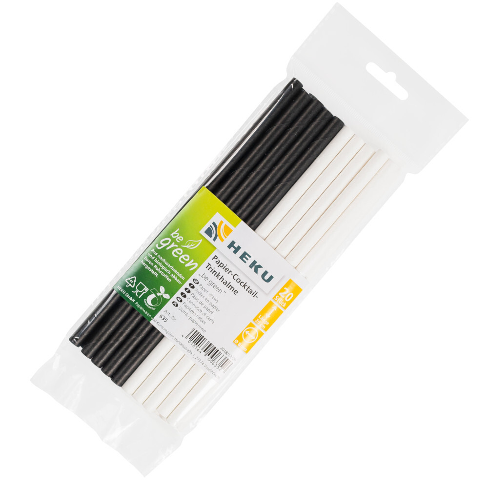 Papier-Cocktail-Trinkhalme "be green", 20 St&uuml;ck, gerade, &Oslash; 8 x 20 cm