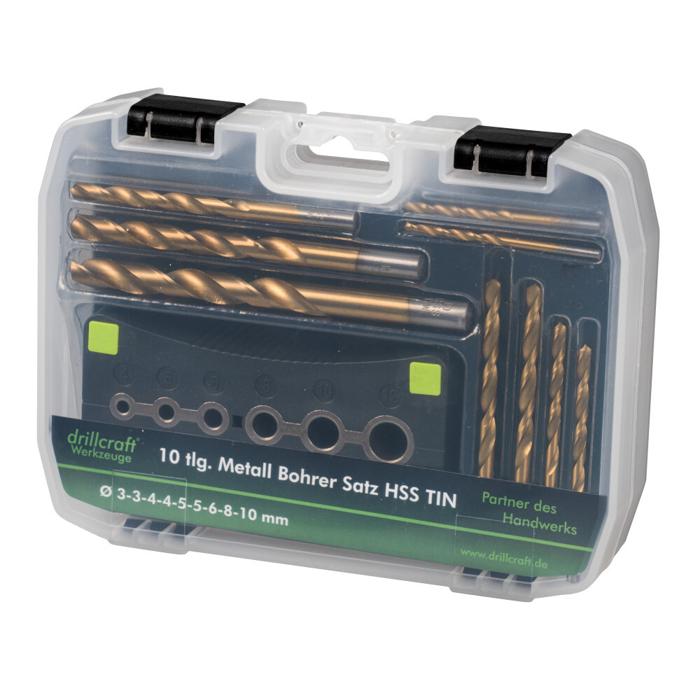 HSS TIN Bohrersatz 10-teilig, 2-10 mm, mit Bohrhilfe