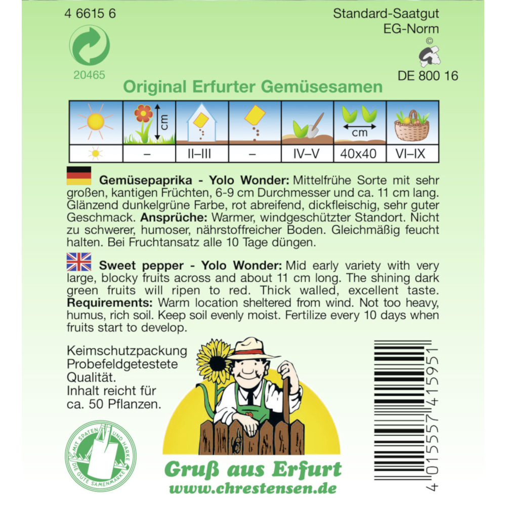 Saatgut Gem&uuml;sepaprika Yolo Wonder ca. 50 Pflanzen image number 1