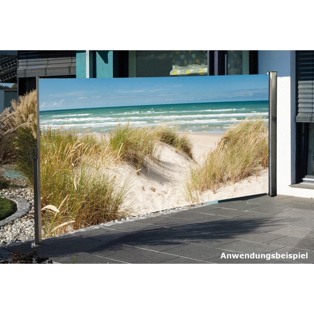 Seitenmarkise 3 x 1,6 m mit Auszug links und Fotodruck &bdquo;Ostsee&ldquo; rechts
