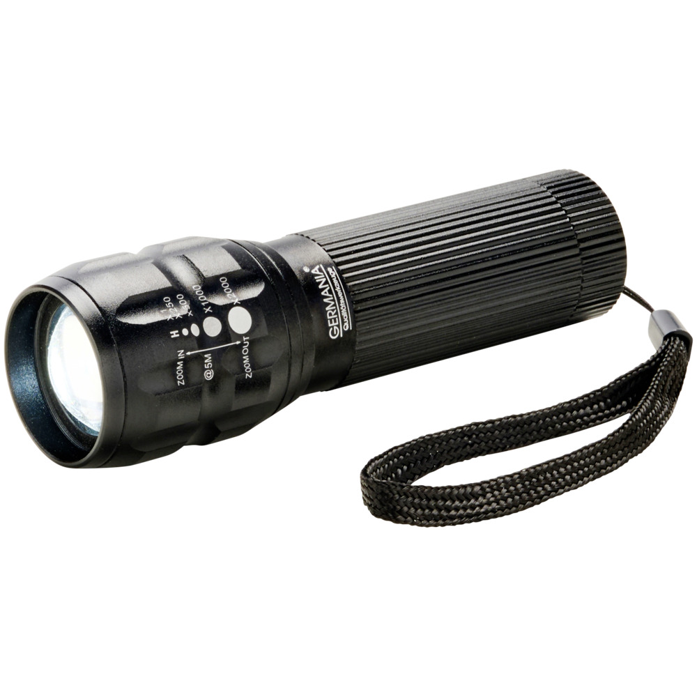 GERMANIA&reg; LED Taschenlampe batteriebetrieben aus Metall mit Zoomfunktion