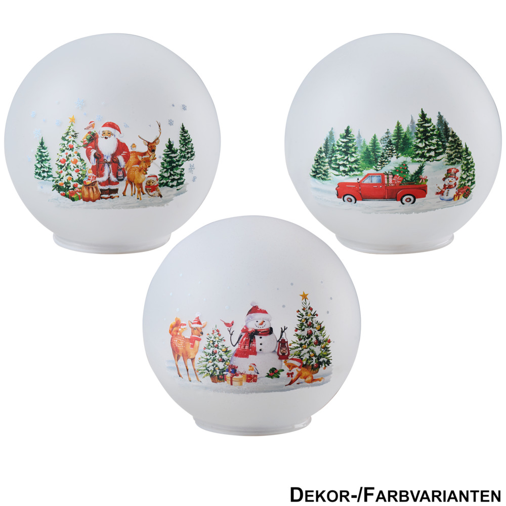 LED-Glaskugel mit Weihnachtsmotiv, 3-fach sortiert