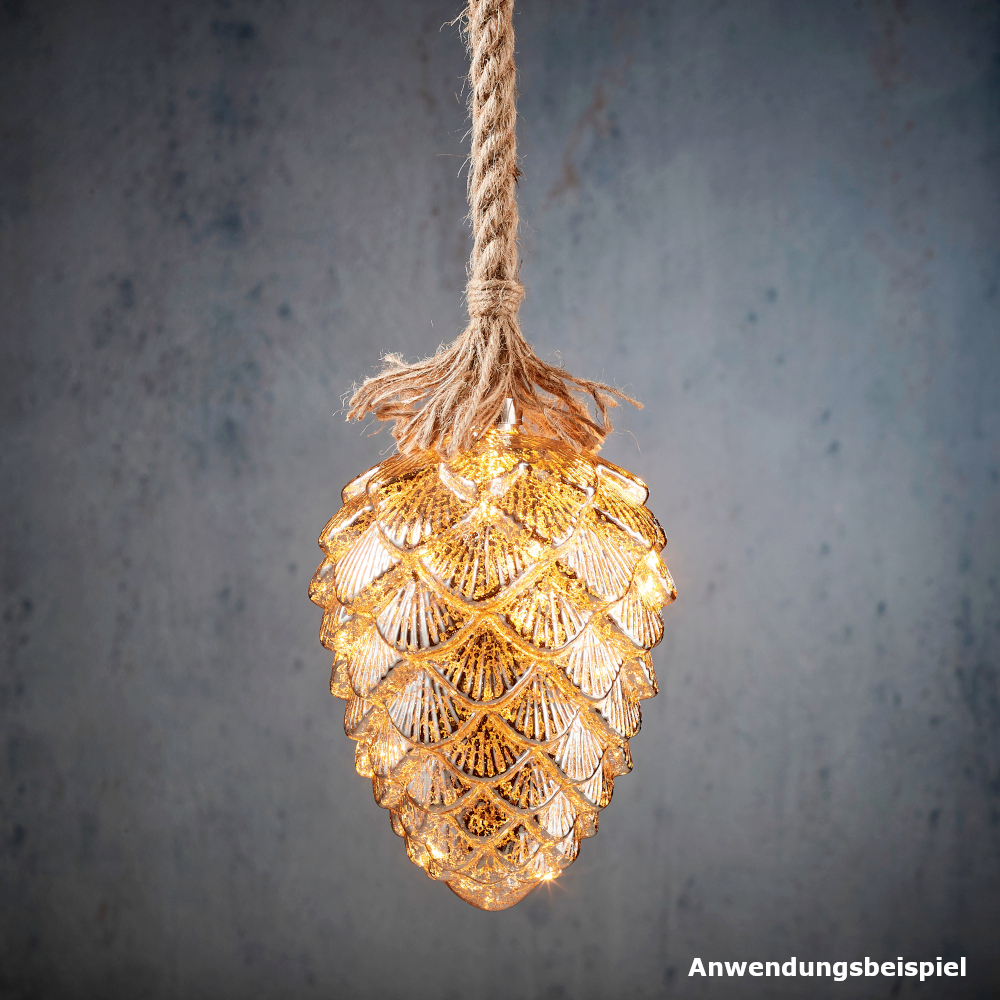 Tannenzapfen aus Glas in Gold am Seil