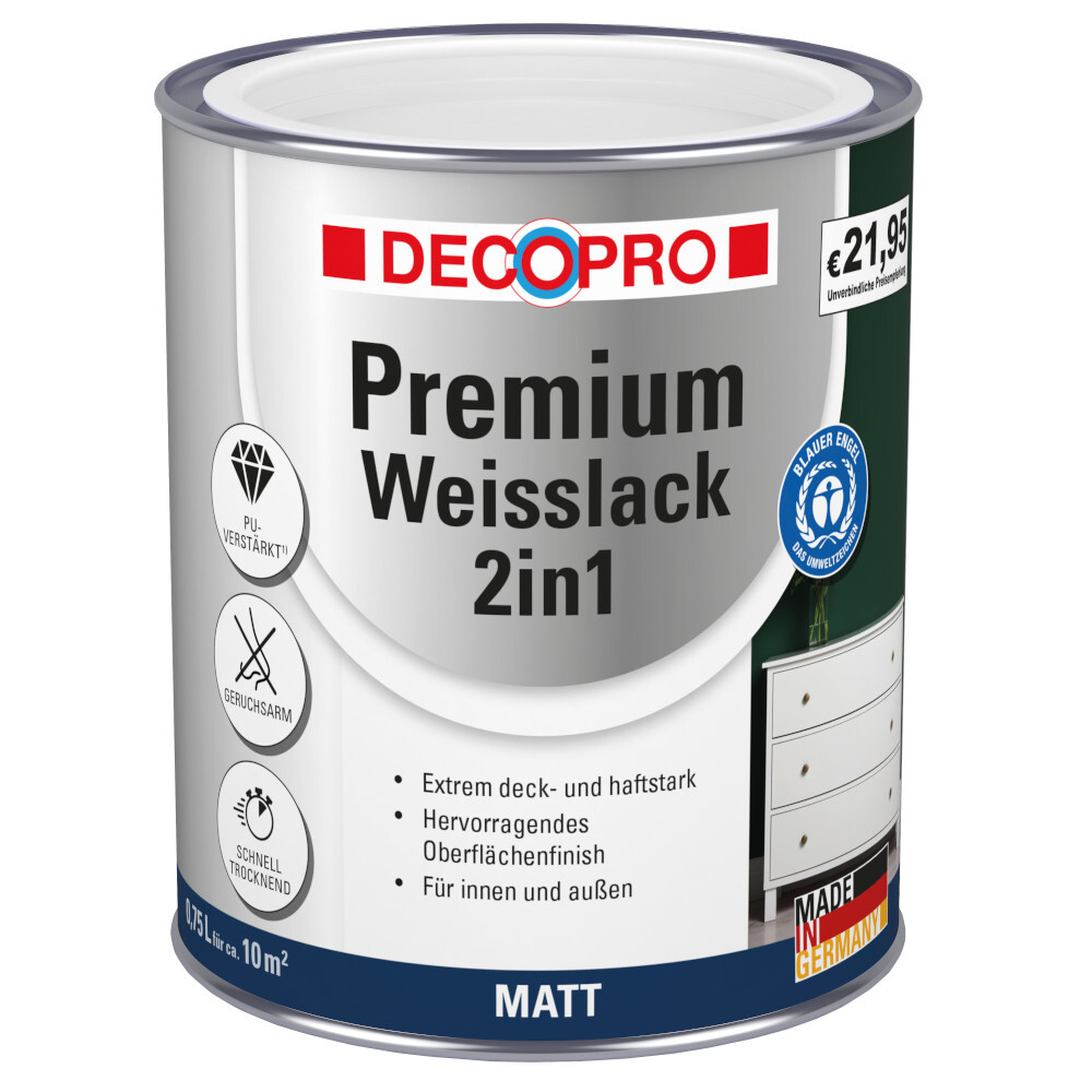 DECOPRO Premium 2in1 Wei&szlig;lack 750 ml in Reinwei&szlig;, matt RAL 9010