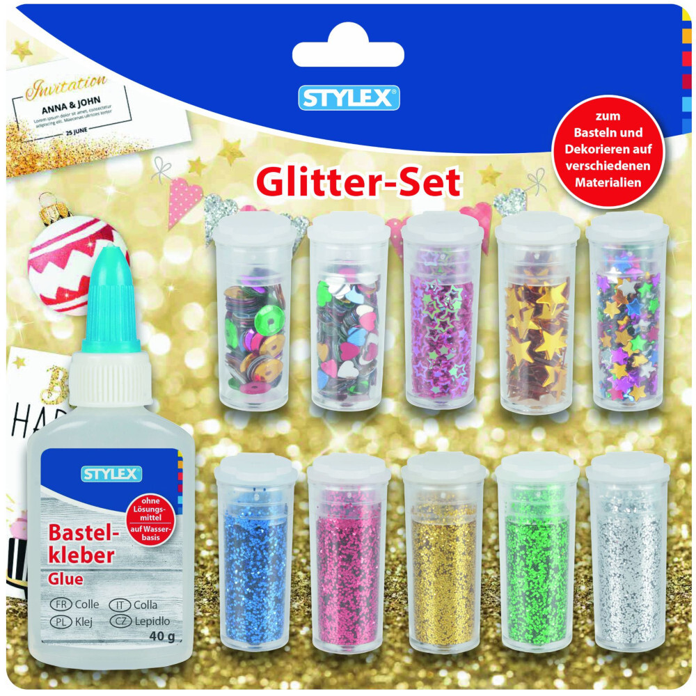 Glitter-Set 11-teilig, inklusive Bastelkleber