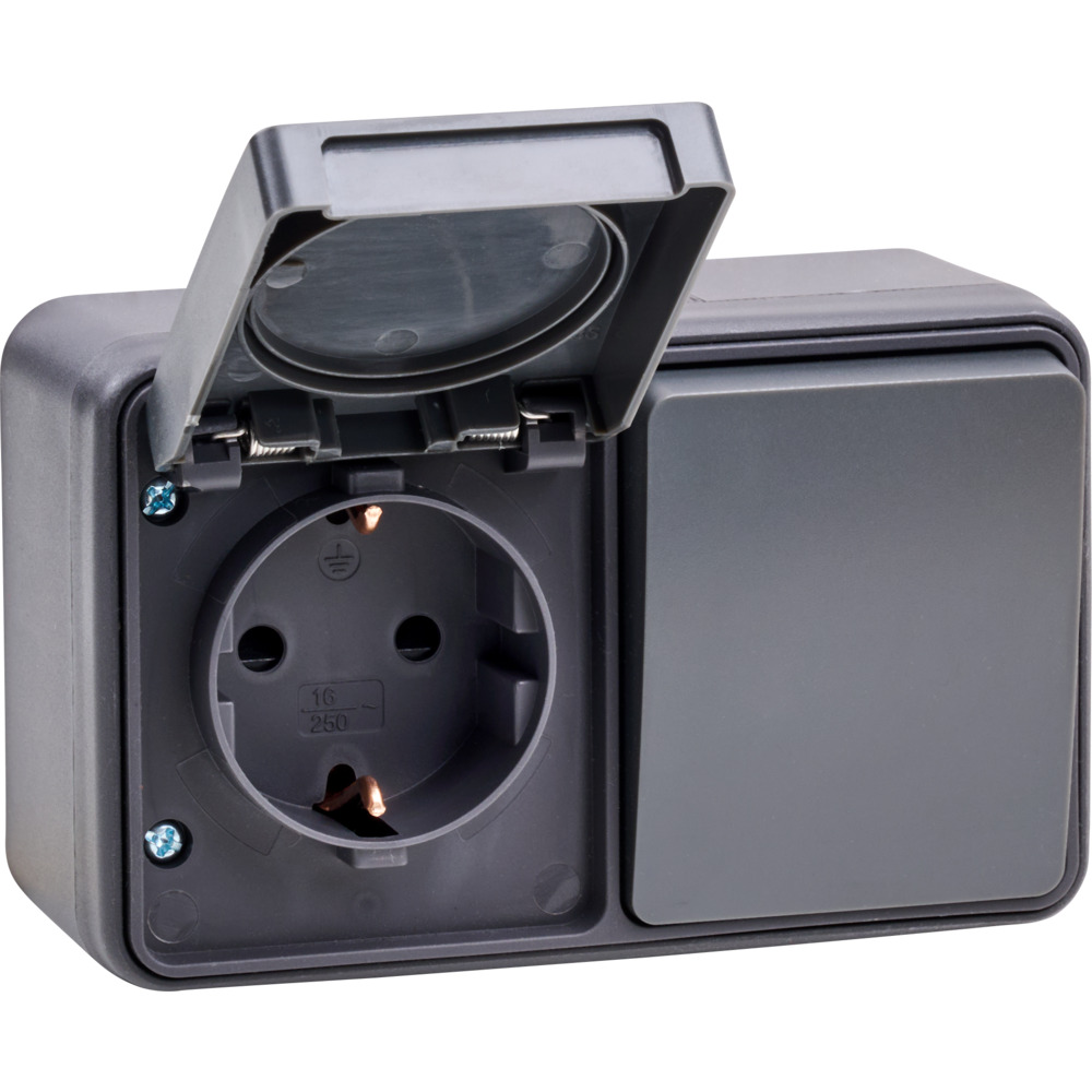 Kombi Aus-/Wechselschalter Steckdose waagerecht AP/FR anthrazit image number 1