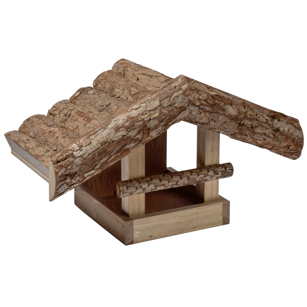 Futterhaus f&uuml;r V&ouml;gel, aus Holz mit Rinde gedeckt