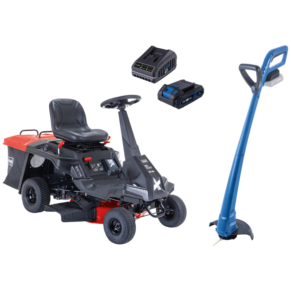Scheppach Benzin-Aufsitzrasenm&auml;her und Akku-Rasentrimmer im Set