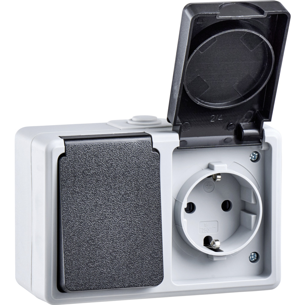 Schutzkontakt Aufputz Steckdose 2-fach, grau, mit Klappdeckel