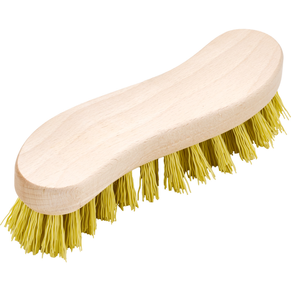 Scheuerb&uuml;rste Holz S-Form mit gelben Kunststoff-Borsten