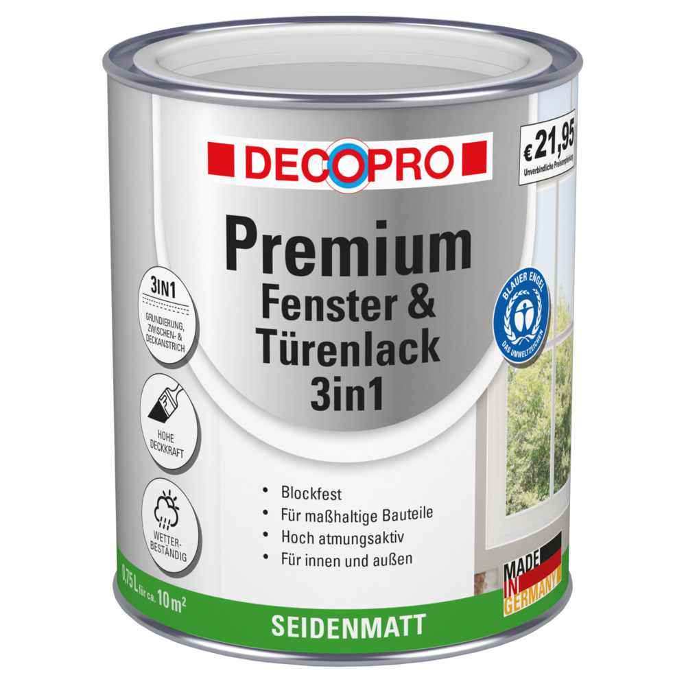 DECOPRO Premium 3in1 Fenster & T&uuml;renlack 750 ml in Wei&szlig;, seidenmatt