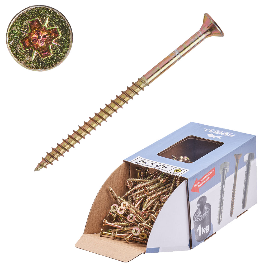 Spanplattenschraube 4,5x70 mm PZ 1kg FISHBULL-Pack Senkkopf Teilgewinde Kreuzschlitz