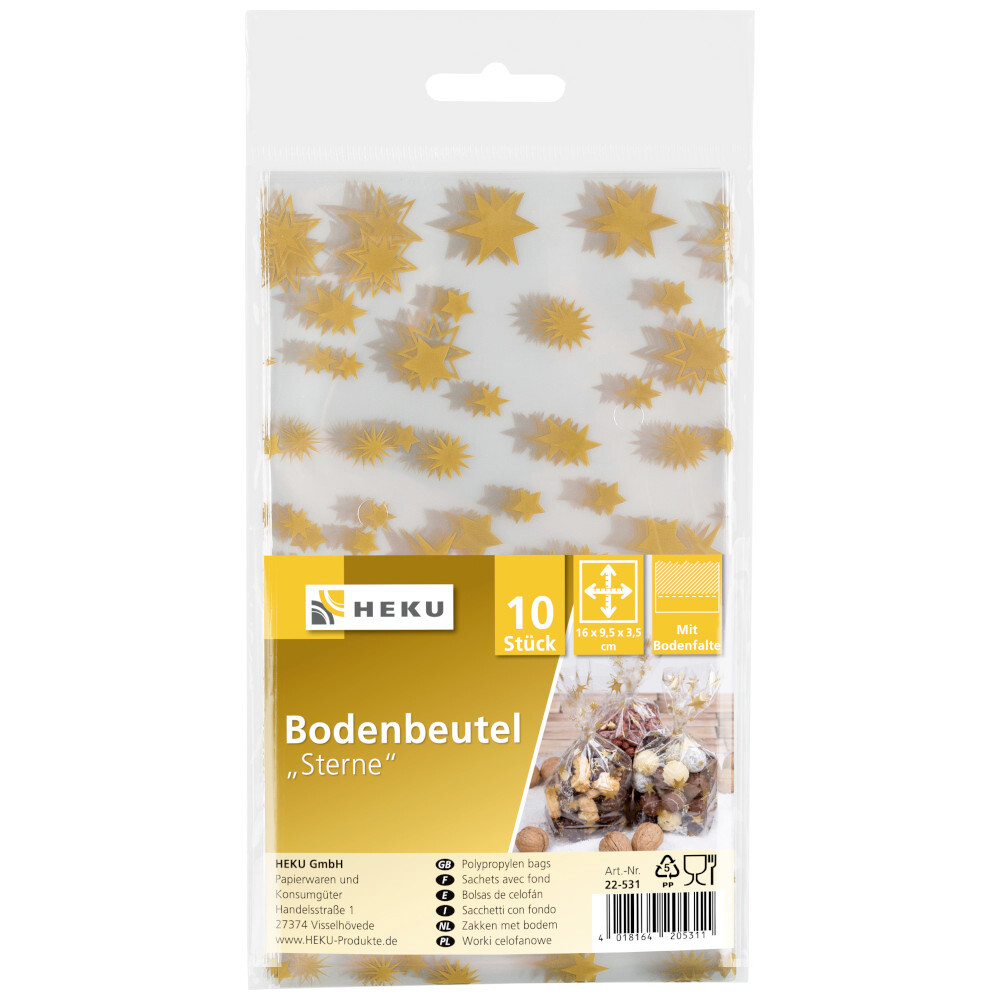 Bodenbeutel mit Bodenfalte 10 St&uuml;ck 16 x 9,5 x 3,5 cm mit Sternmotiv
