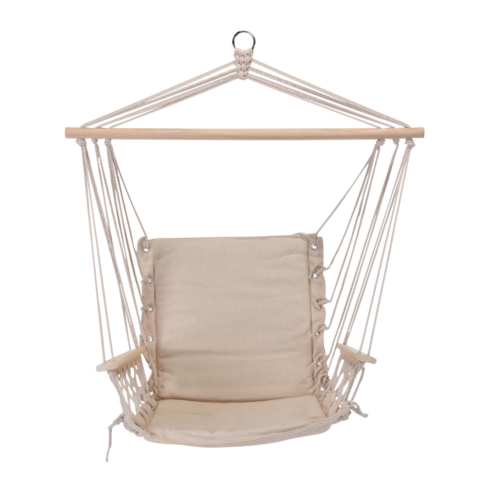 H&auml;ngesessel aus Baumwolle in Creme mit Armlehne aus Holz