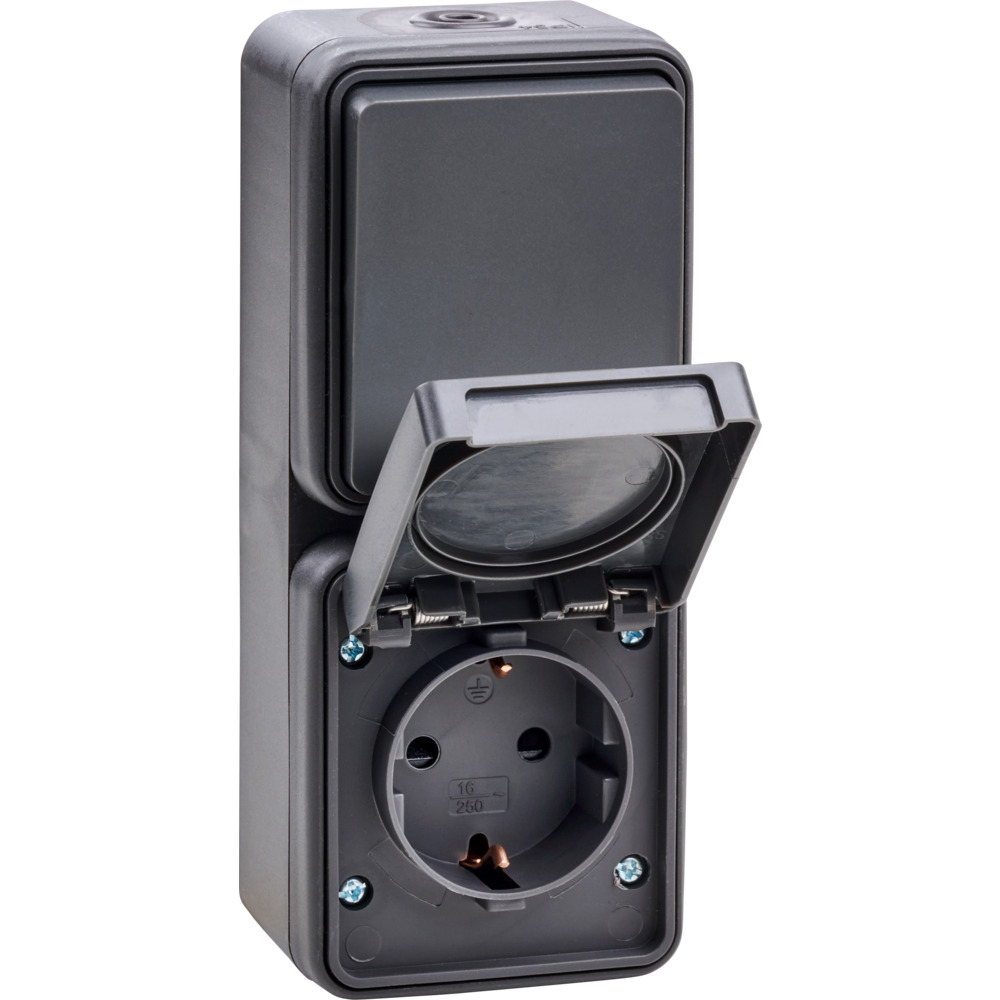 Kombi Aus-/Wechselschalter Steckdose senkrecht AP/FR anthrazit image number 1