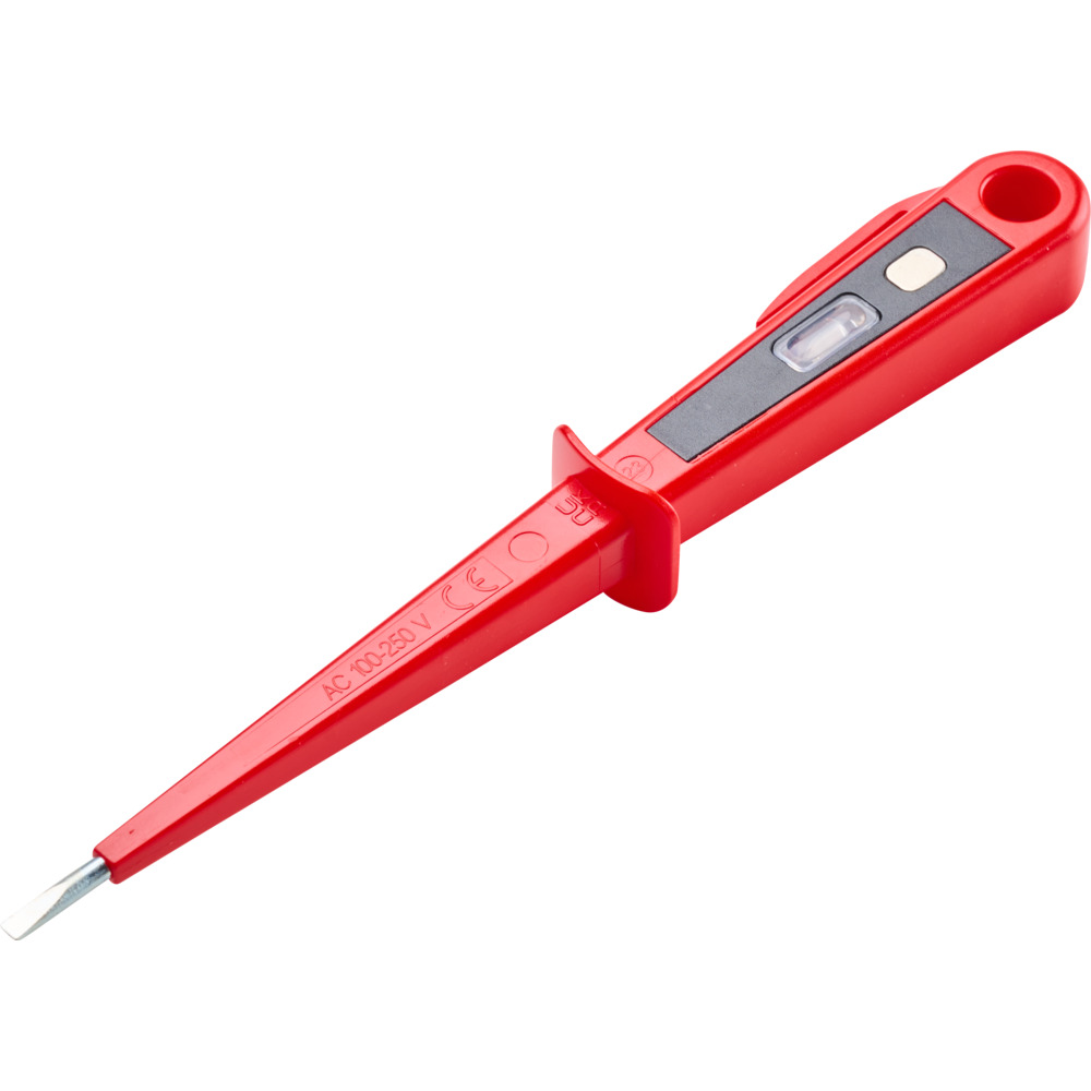 Spannungspr&uuml;fer Euro 190 mm in rot, isoliert mit Clip und Aufh&auml;ng&ouml;se