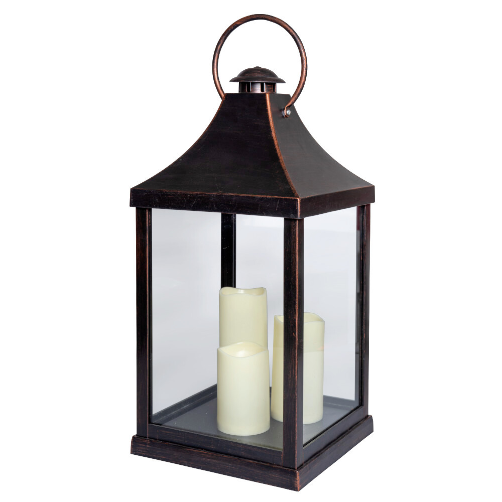 XXL-LED-Laterne batteriebetrieben mit drei LED-Kerzen und Timerfunktion