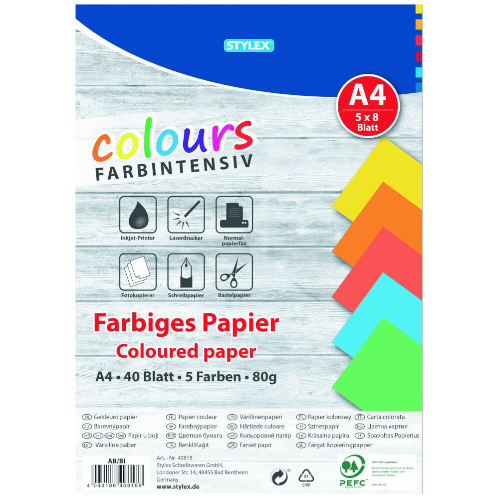Farbiges Druckerpapier 40 Blatt DIN A4 80 g, in kr&auml;ftigen Farben