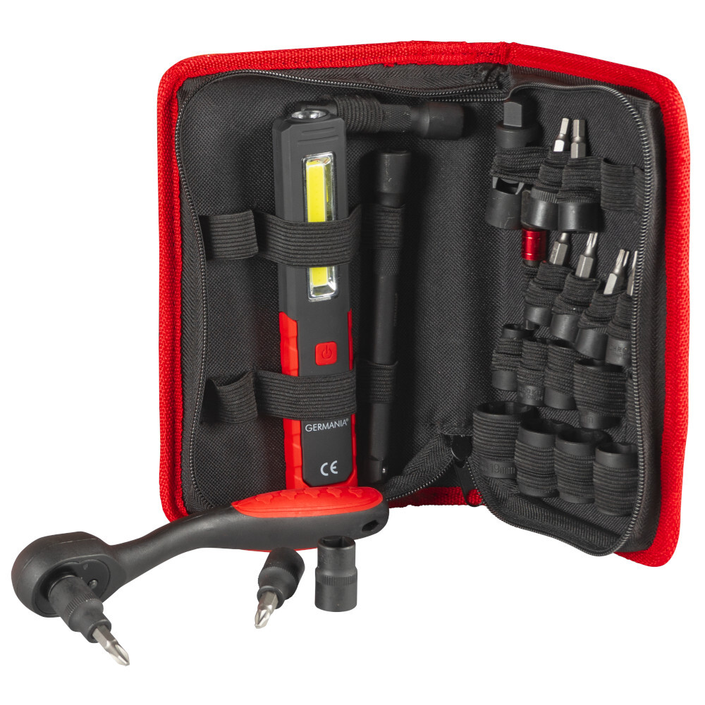 Steckschl&uuml;ssel Satz 24-teilig mit den g&auml;ngigsten Gr&ouml;&szlig;en und Arbeitsleuchte