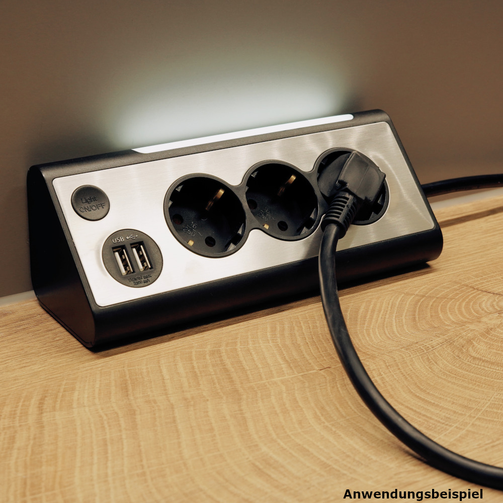 Dreifachsteckdose mit 2x USB-Anschl&uuml;ssen und LED-Beleuchtung image number 2