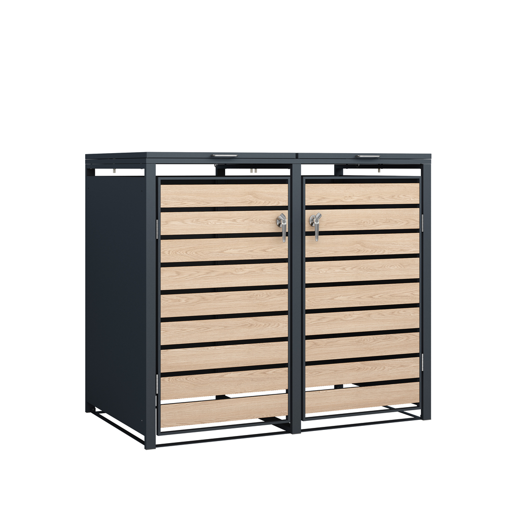 M&uuml;lltonnenbox 2-er Stahl verzinkt Front Holzoptik