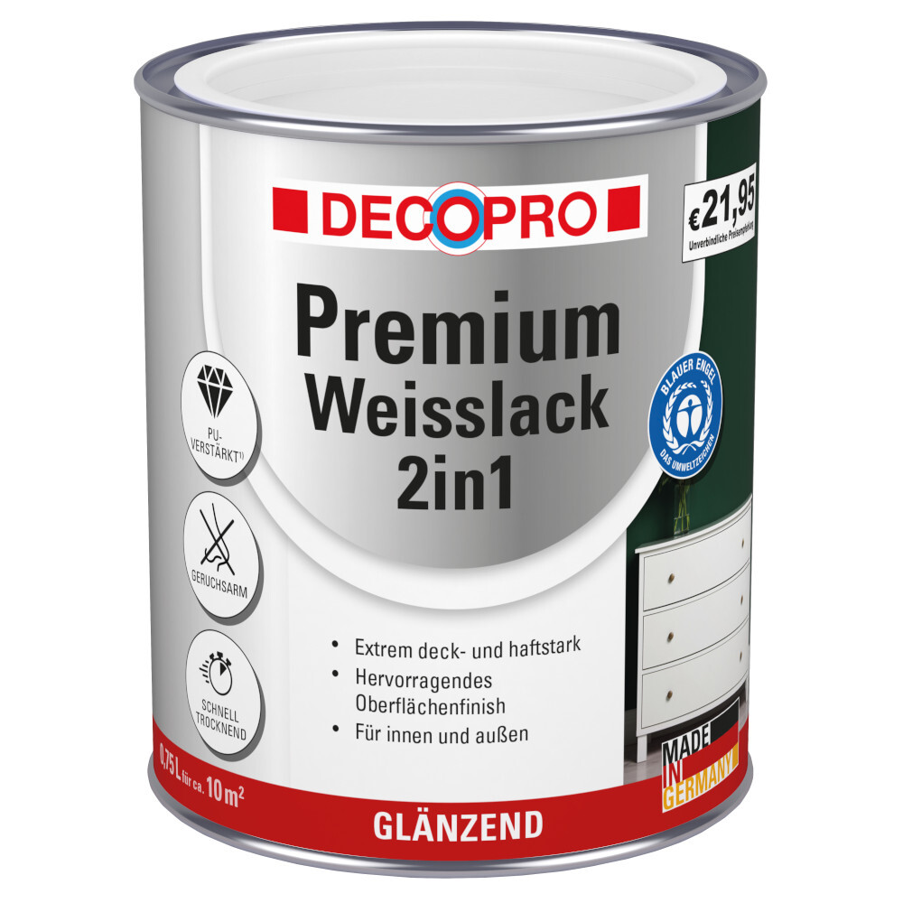 DECOPRO Premium 2in1 Wei&szlig;lack 750 ml in Reinwei&szlig;, gl&auml;nzend RAL 9010