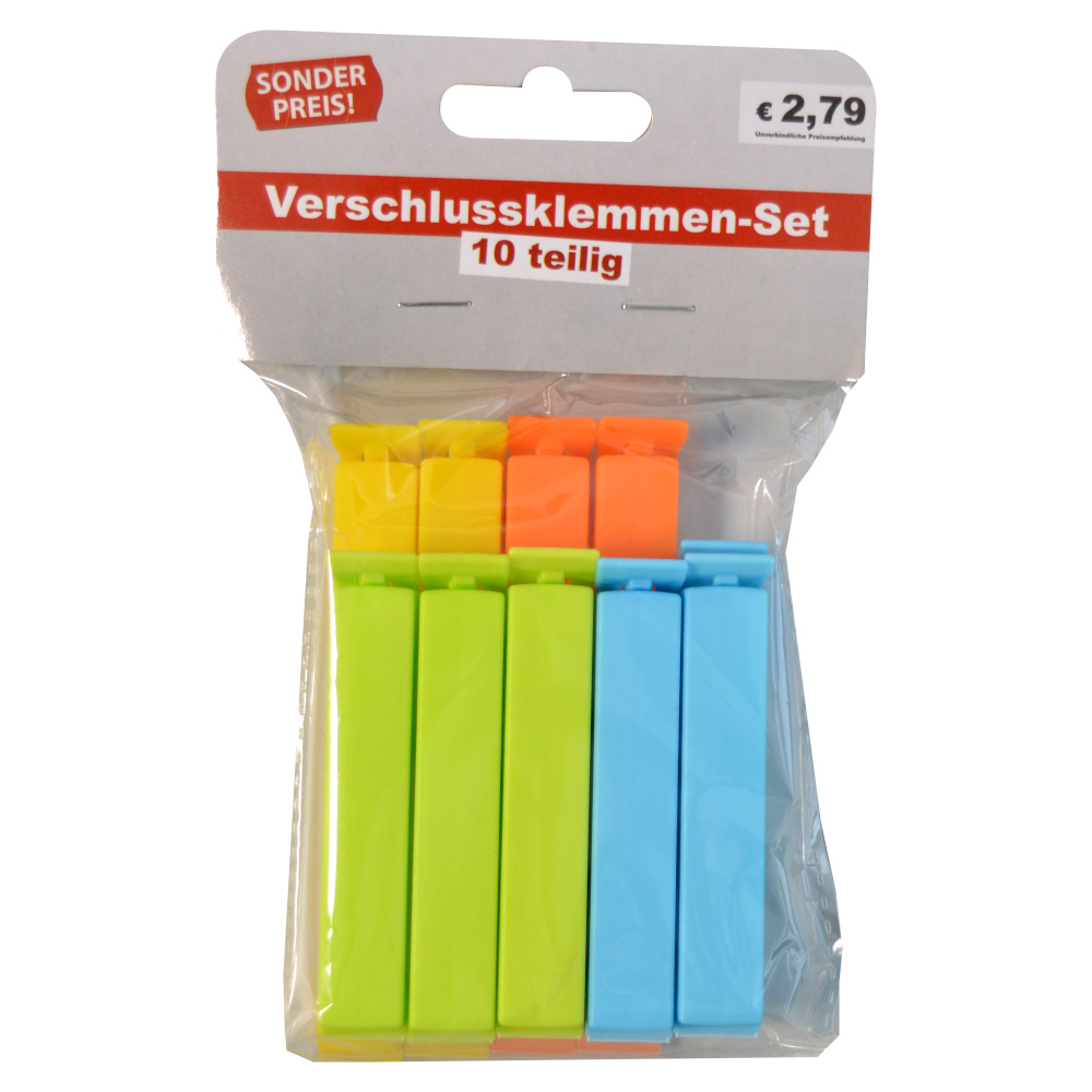 Verschlussklemmen Set 10 St&uuml;ck in 2 Gr&ouml;&szlig;en und vier Farben