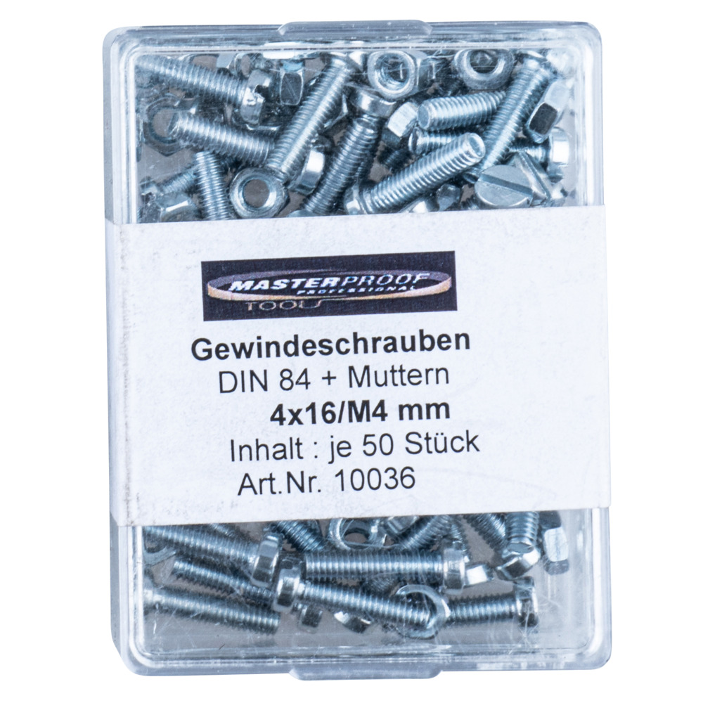 Gewindeschrauben DIN 84 mit Muttern 4 x 16 mm / M4 je 50 St&uuml;ck