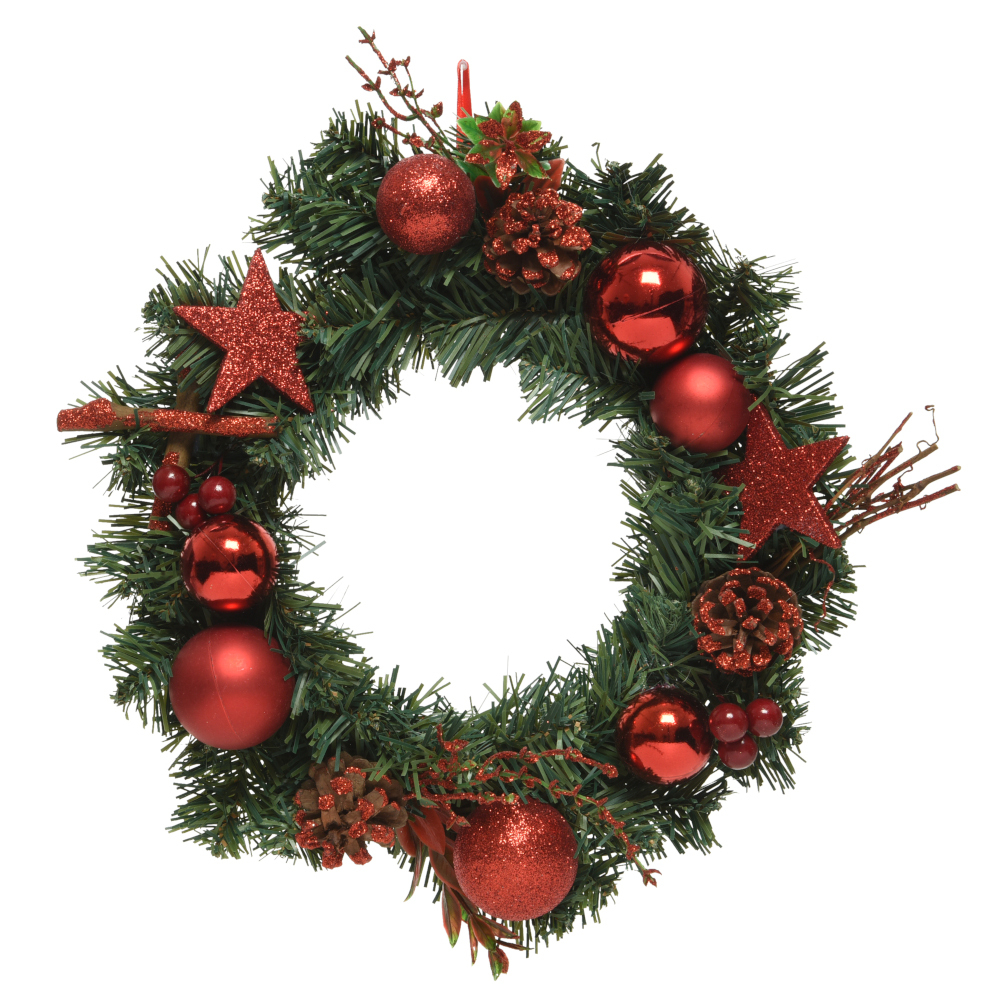 Weihnachtskranz &Oslash; 30 cm aus Kunststoff mit roter Weihnachtsdekoration