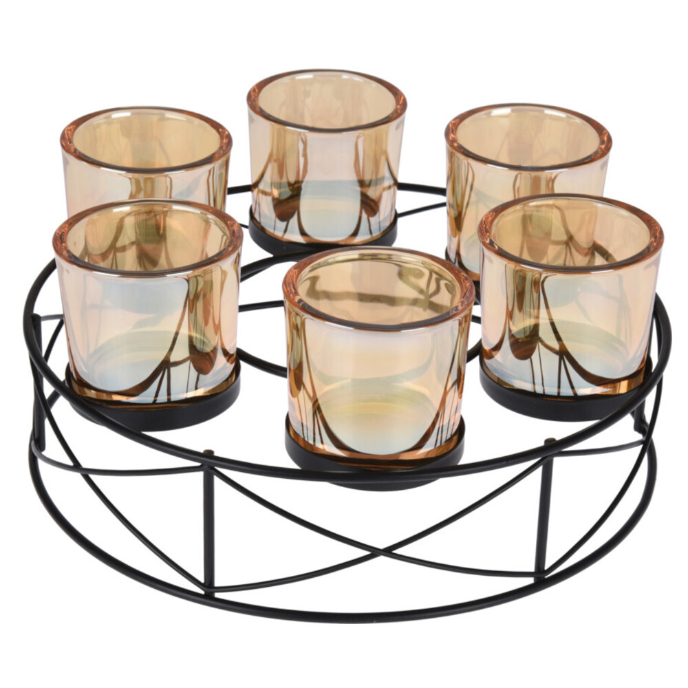 Teelichthalterung rund 25 cm aus schwarzem Eisen mit 6 Teelichtgl&auml;sern