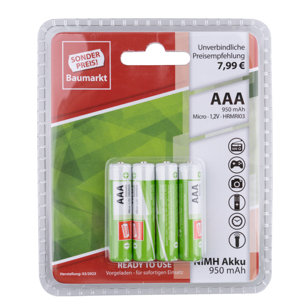 Akku Batterien AAA 950 mAh 4 St&uuml;ck leistungsf&auml;hig und wiederaufladbar
