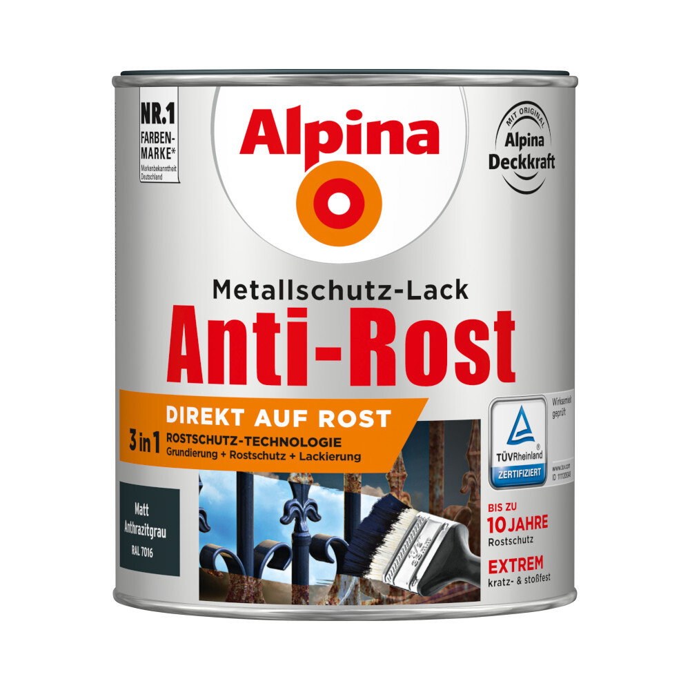 Alpina Metallschutzlack Anthrazitgrau matt 750 ml RAL 7016