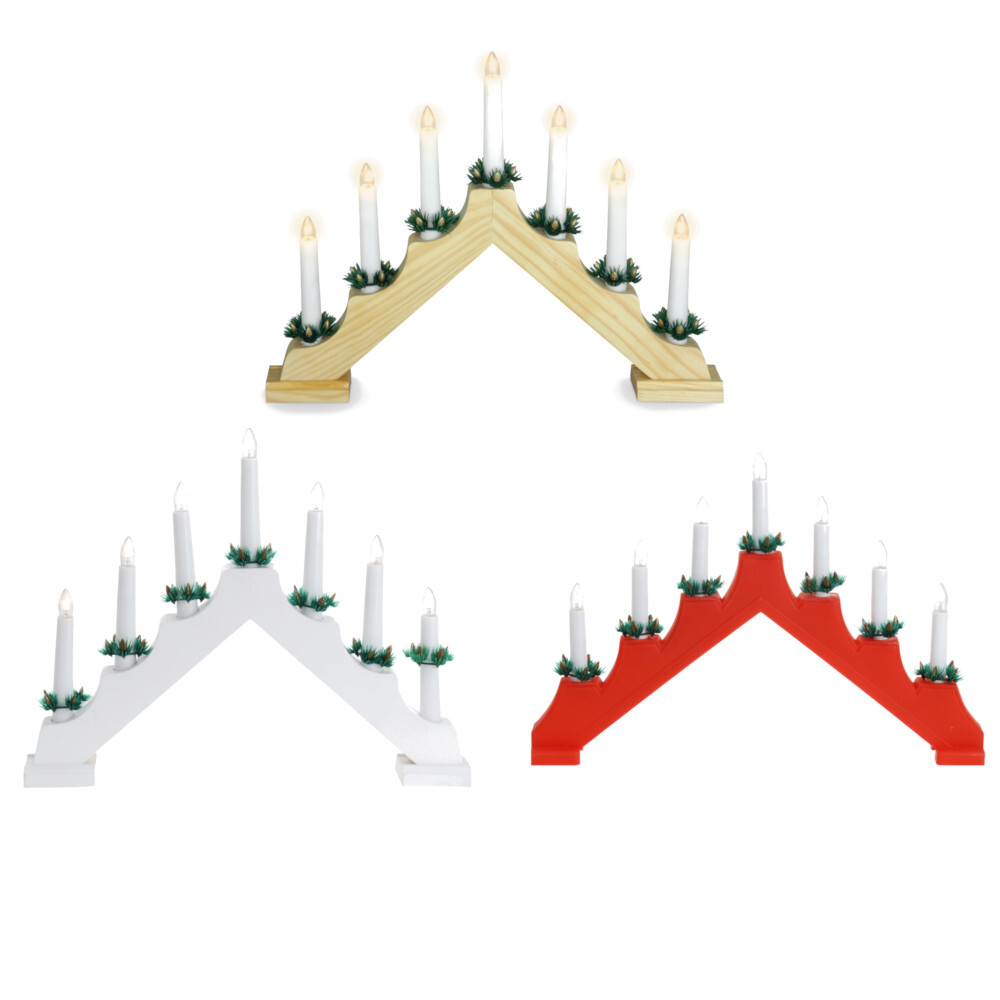 LED Schwibbogen aus Holz mit 7 LED-Kerzen warmwei&szlig; in verschiedenen Farben