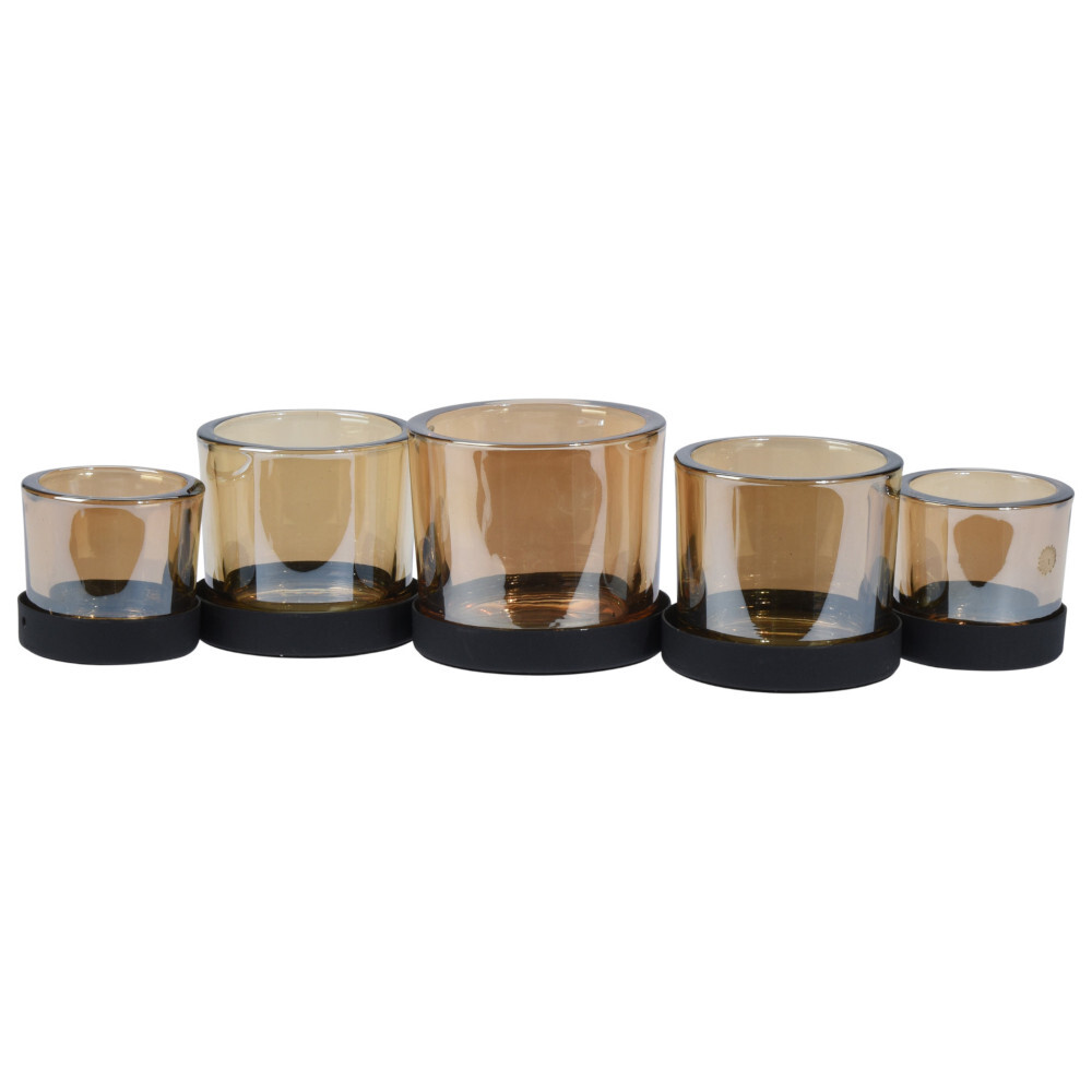 Teelichthalterung-Set aus schwarzem Metall mit 5 Teelichtgl&auml;sern