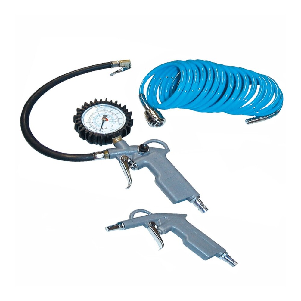 G&uuml;de&reg; Druckluft Set 3teilig Aluguss Reifenf&uuml;ller Spiralschlauch Ausblaspistole