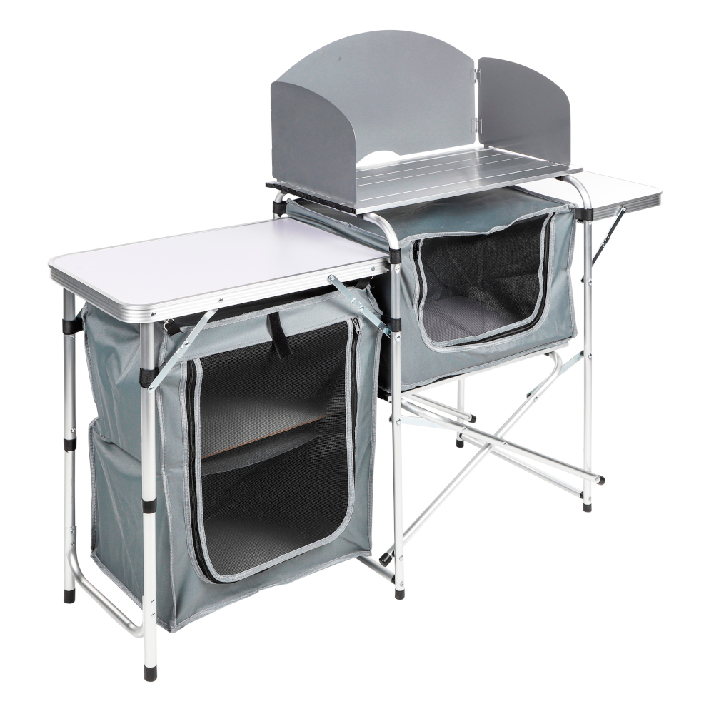 Campingtisch klappbar, mit Aluminiumgestell, Windschutz und MDF Platte