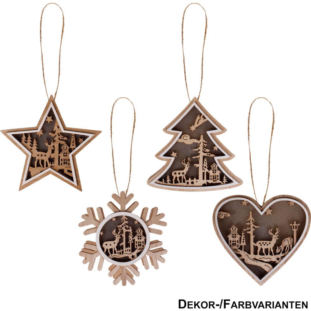 H&auml;ngedeko aus Holz mit LED, 4-fach sortiert
