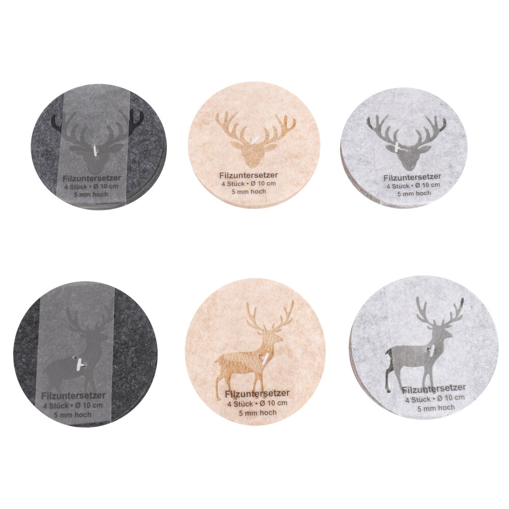 Filzuntersetzer Set rund 4 St&uuml;ck mit Hirschmotiv in verschiedenen Farben