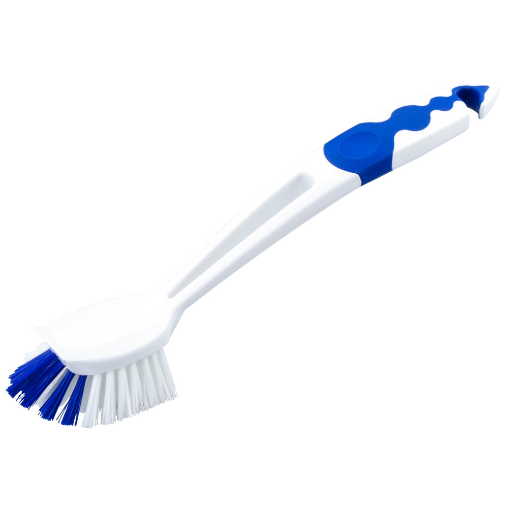 Sp&uuml;lb&uuml;rste aus Kunststoff in wei&szlig;-blau, mit langem Griff und Schaberkante
