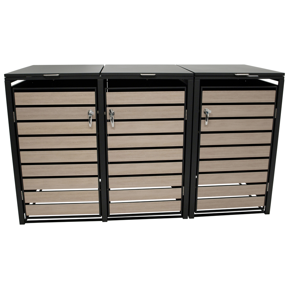 M&uuml;lltonnenbox 3-er Stahl verzinkt Front Holzoptik