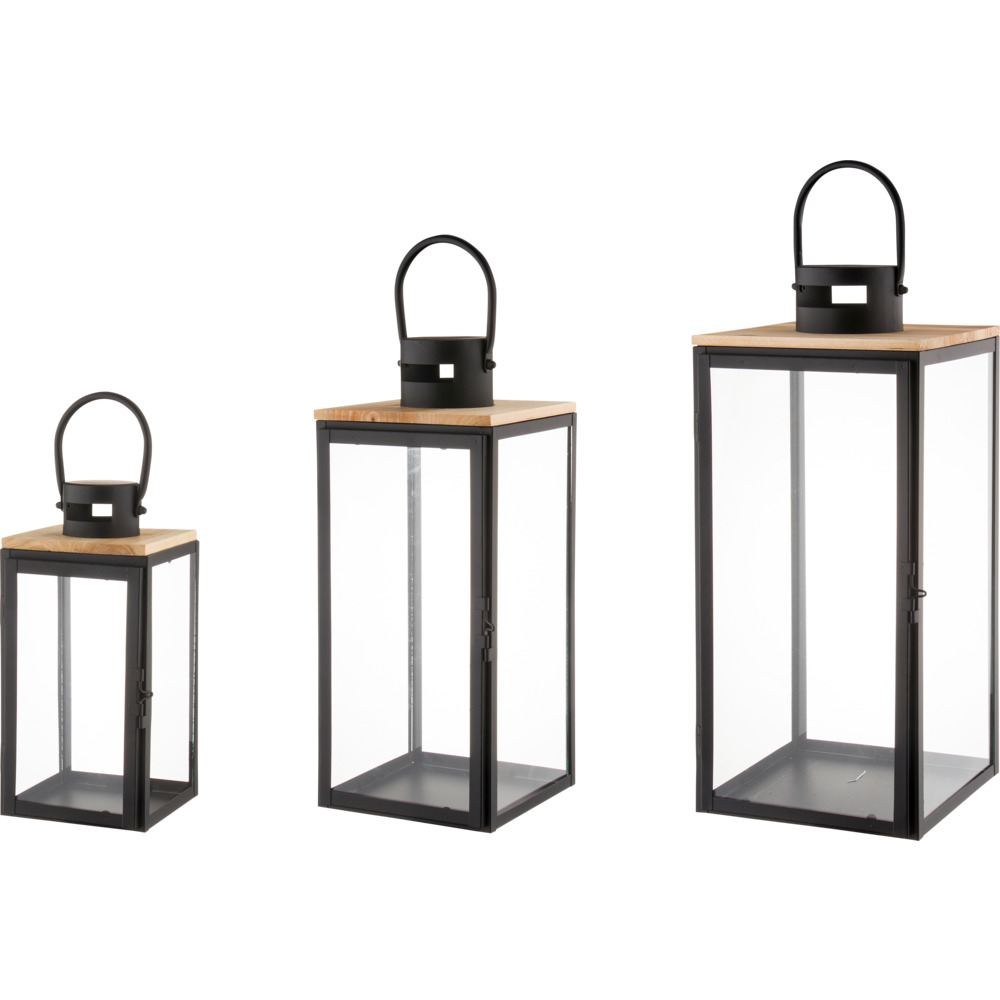 Laternen-Set 3 St&uuml;ck aus Metall, Holz und Glas