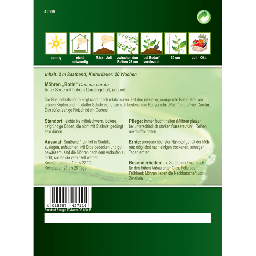 Saatgut M&ouml;hren Rotin ca. 2 Meter Saatband image number 1