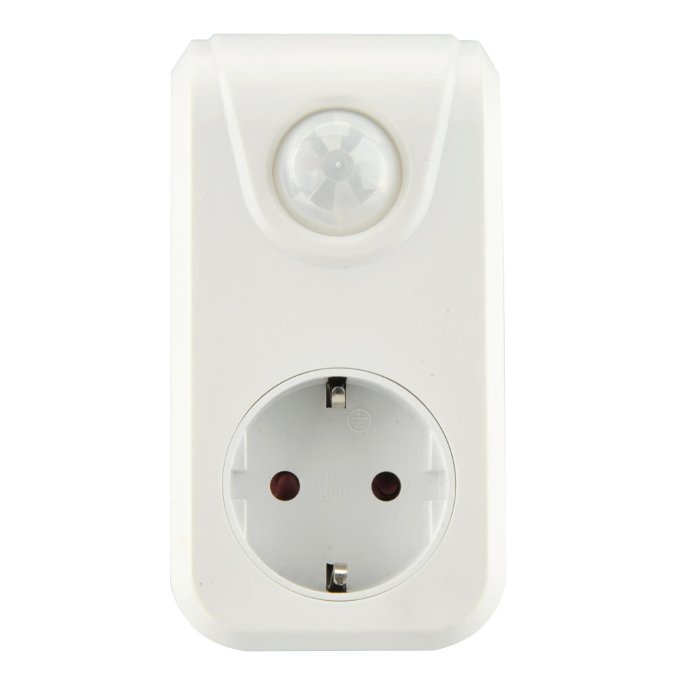 Zwischenstecker 230 V aus wei&szlig;em Kunststoff mit Bewegungsmelder