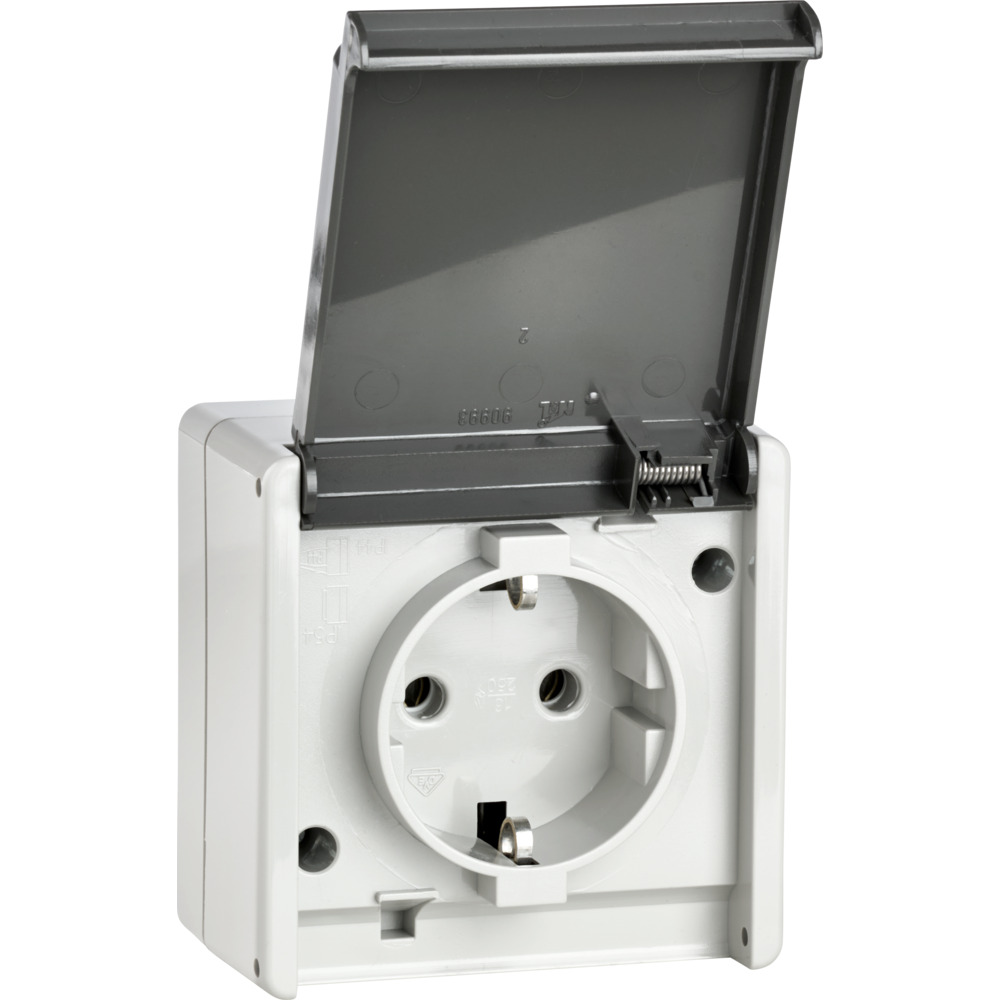 Schutzkontakt Aufputz Steckdose 1-fach, grau, mit Klappdeckel image number 1
