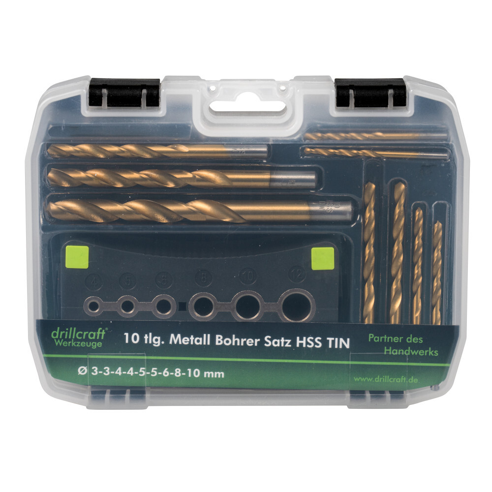 HSS TIN Bohrersatz 10-teilig, 2-10 mm, mit Bohrhilfe image number 1