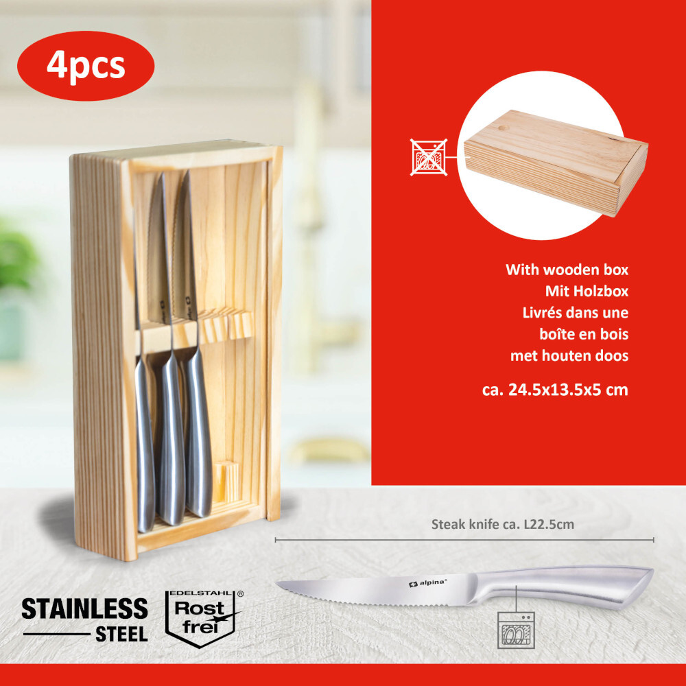Steakmesser-Set aus Edelstahl 4-teilig in Holzbox image number 5