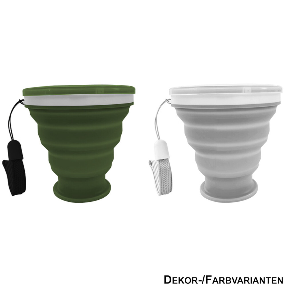 Trinkbecher faltbar aus Silikon mit Deckel, grau / schwarz