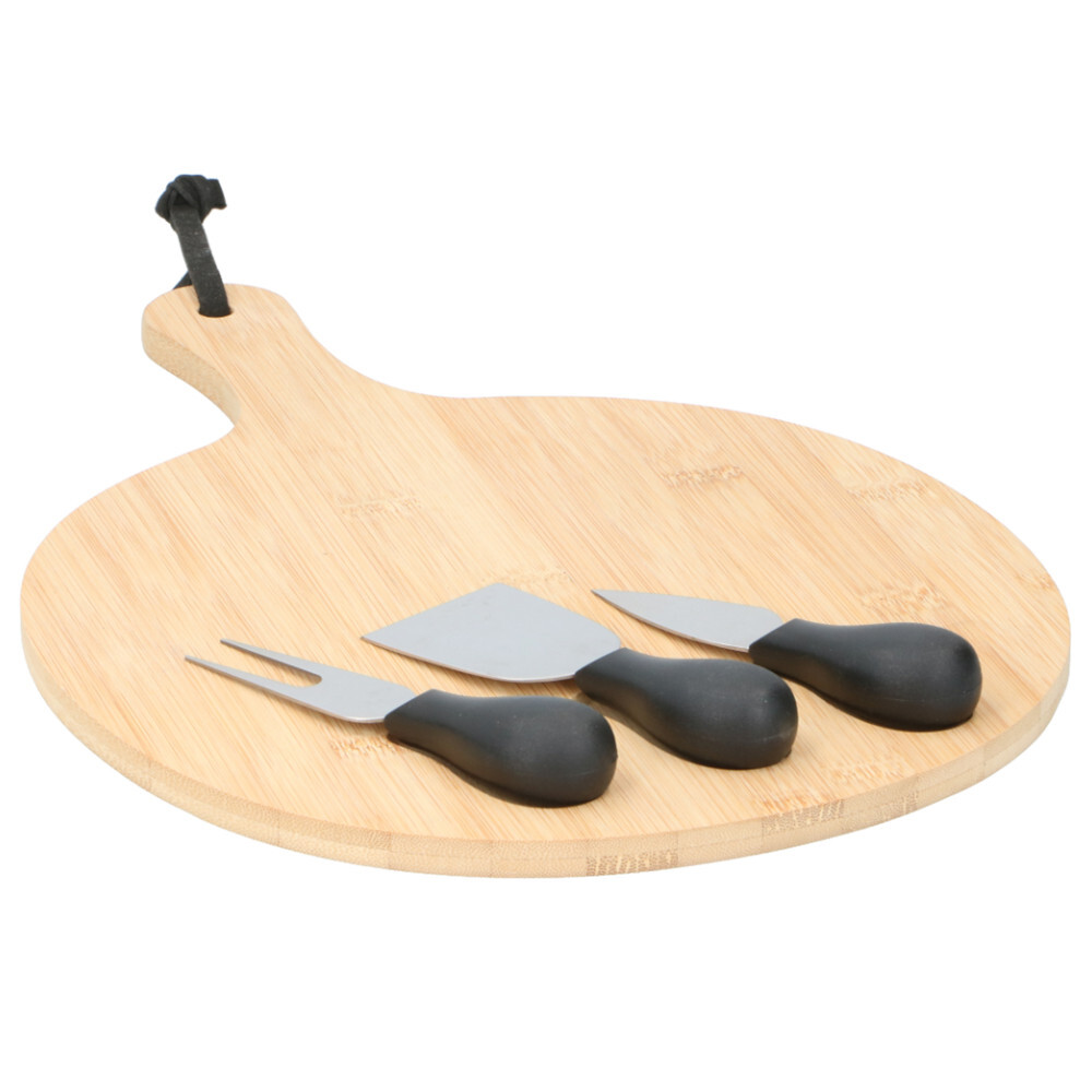 K&auml;sebrett-Set 4-teilig aus Bambusholz mit K&auml;sebesteck