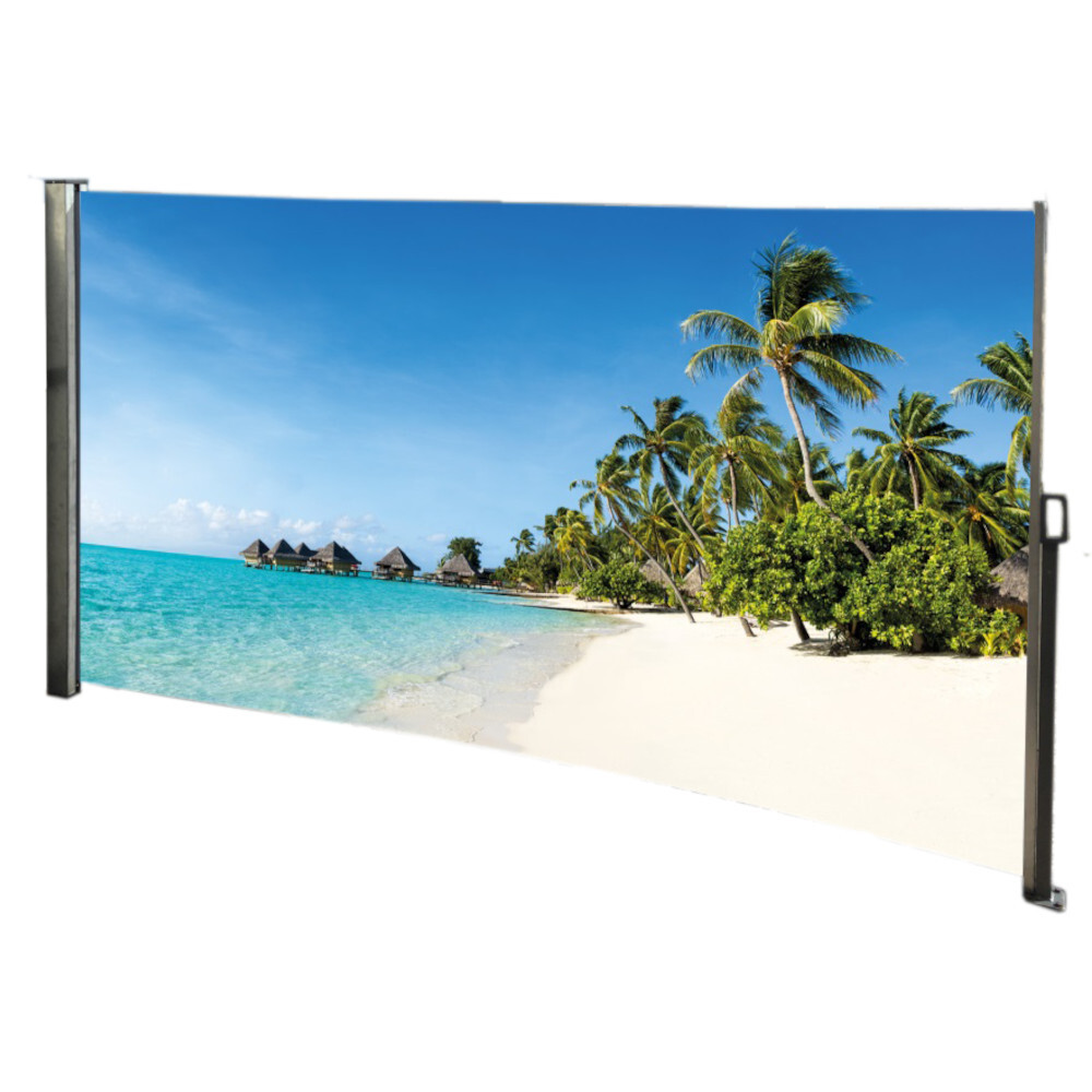 Seitenmarkise 3 x 1,6 m mit Auszug rechts und Fotodruck &bdquo;S&uuml;dsee&ldquo; links