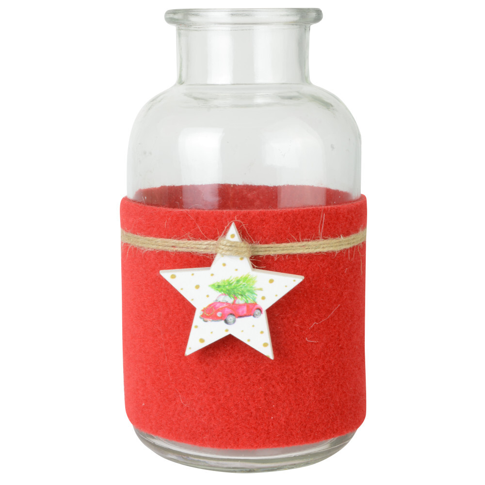 Blumenvase rund &Oslash; 10 x 20 cm aus klarem Glas mit Filz und Sternanh&auml;nger